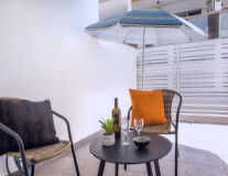 a chair sitting in front of a table